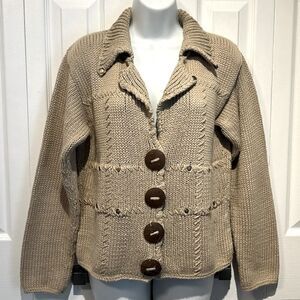 PURE Handknit Cotton Button Up Tan Cardigan Sweater Size S/M‎